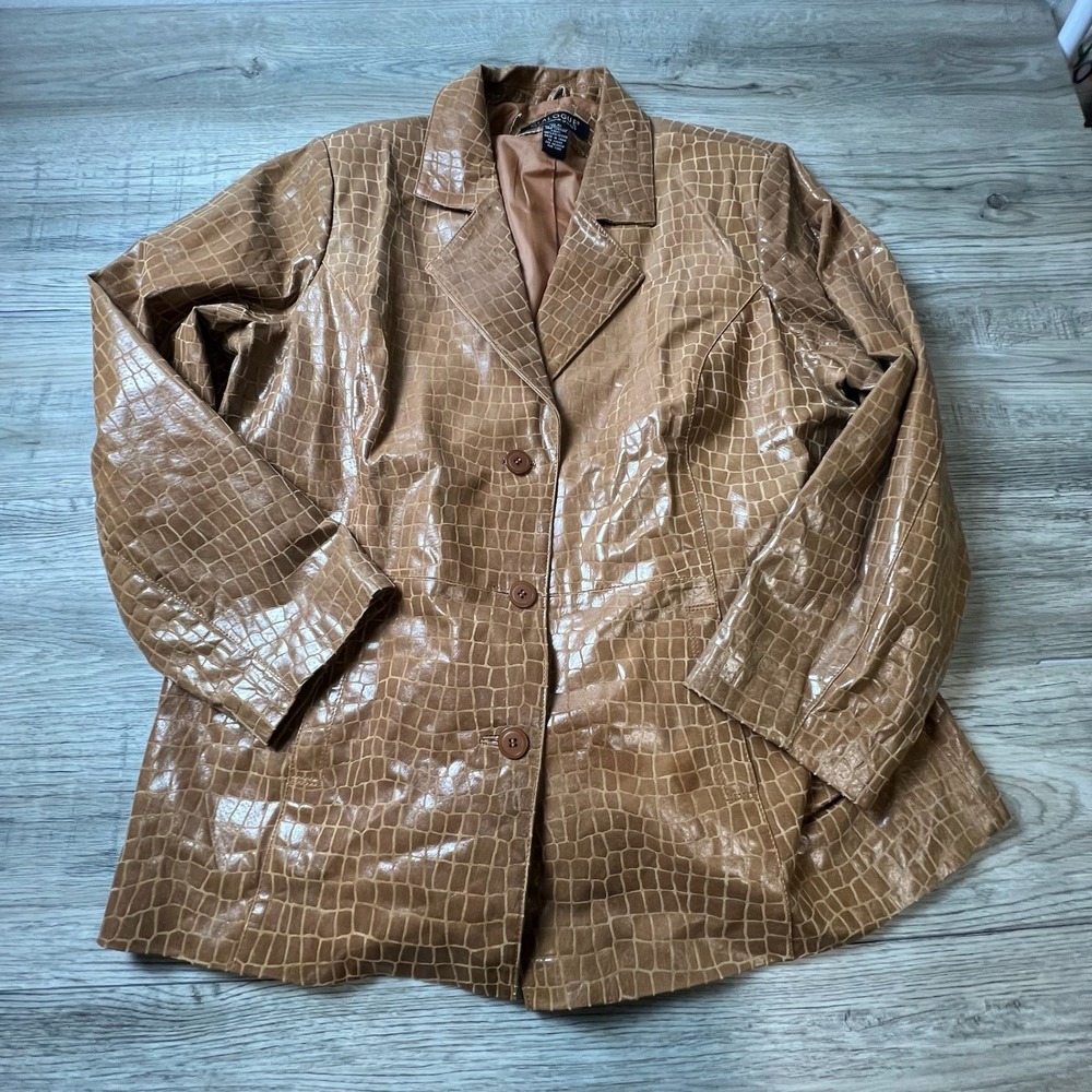 Dialogue Croc Leather Jacket Womens XL Tan Embossed Blazer Button Up Vintage